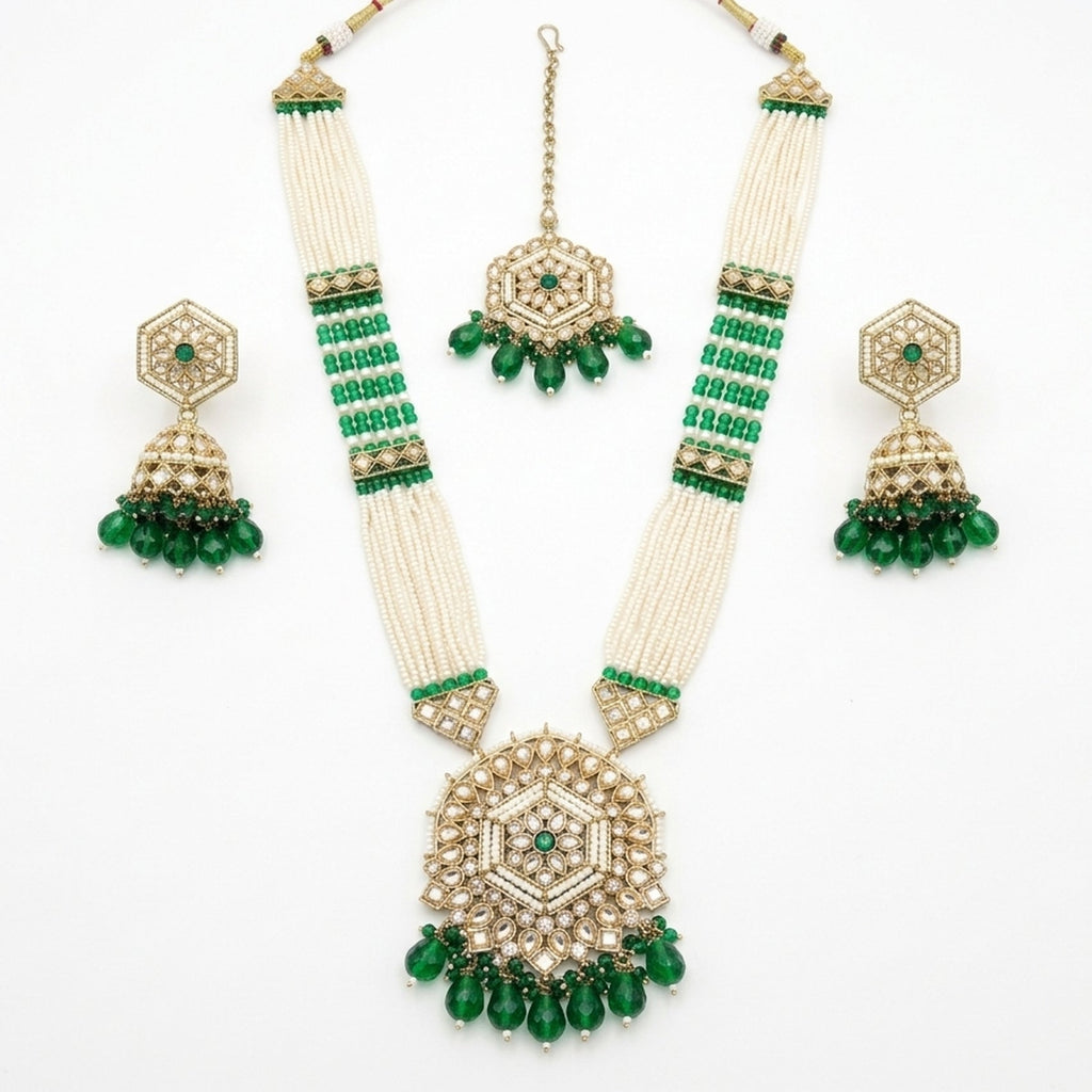 Jewel City Long Pearl Mala Golden Rainbow Diamond Studded Jumkee Tikka Necklace Set - Distacart