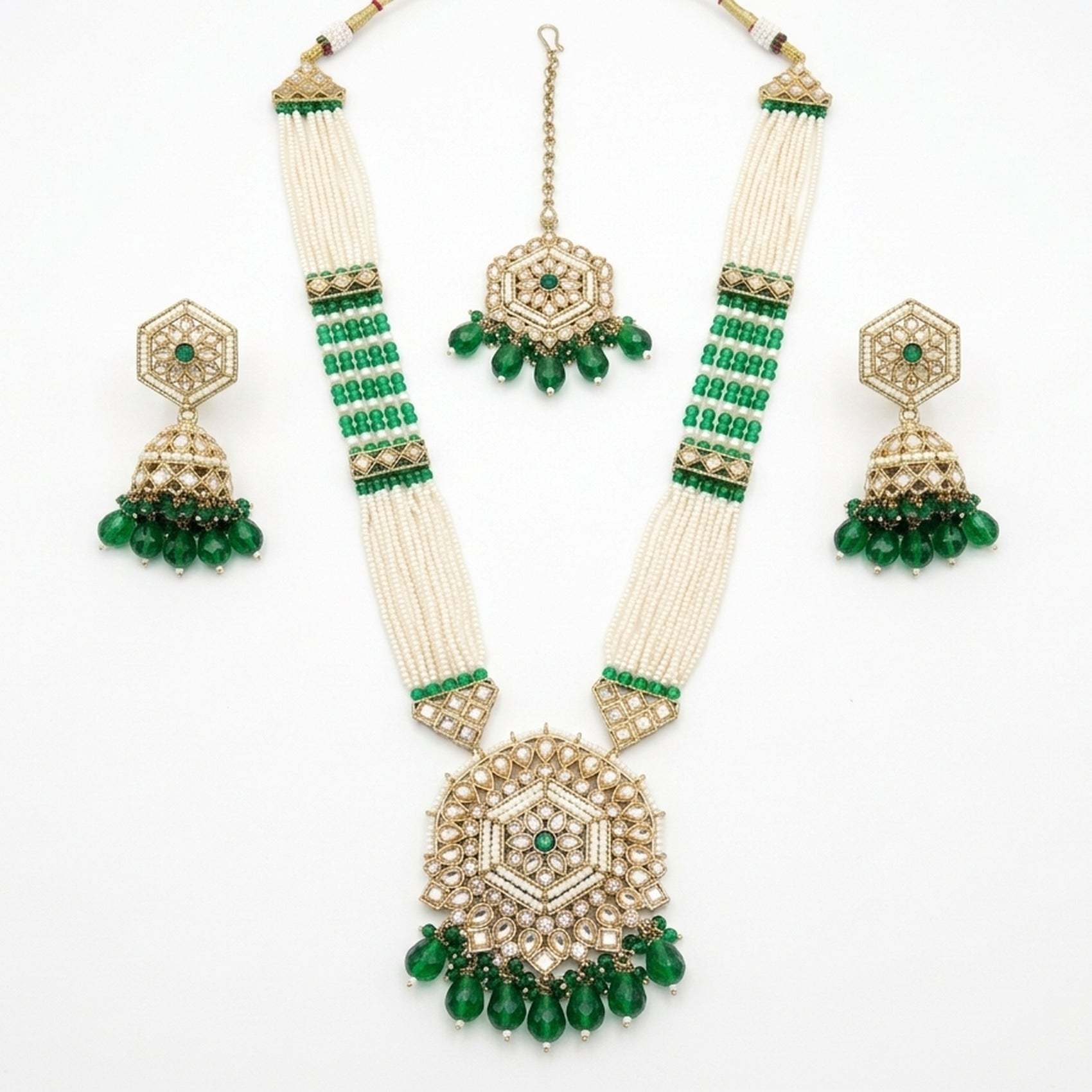 Jewel City Long Pearl Mala Golden Rainbow Diamond Studded Jumkee Tikka Necklace Set - Distacart