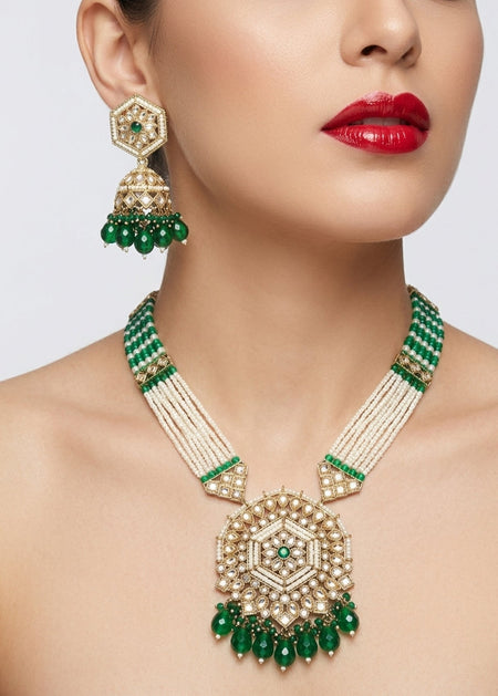 Jewel City Long Pearl Mala Golden Rainbow Diamond Studded Jumkee Tikka Necklace Set