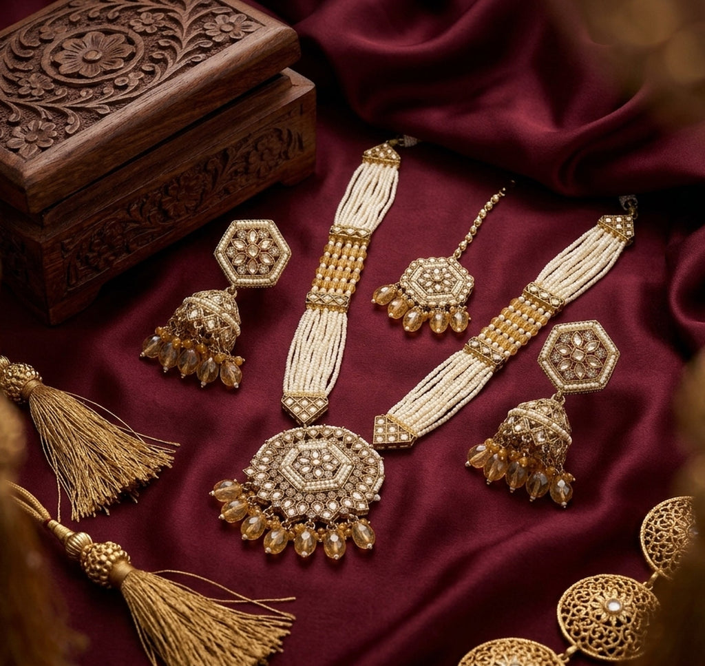 Jewel City Long Pearl Mala Golden Rainbow Diamond Studded Jumkee Tikka Necklace Set - Distacart
