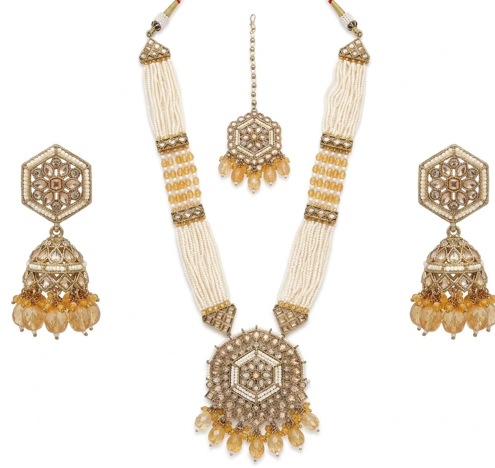 Jewel City Long Pearl Mala Golden Rainbow Diamond Studded Jumkee Tikka Necklace Set - Distacart