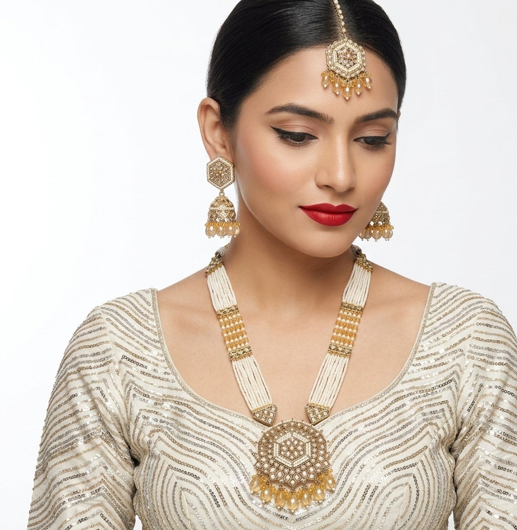 Jewel City Long Pearl Mala Golden Rainbow Diamond Studded Jumkee Tikka Necklace Set - Distacart