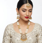 Jewel City Long Pearl Mala Golden Rainbow Diamond Studded Jumkee Tikka Necklace Set - Distacart