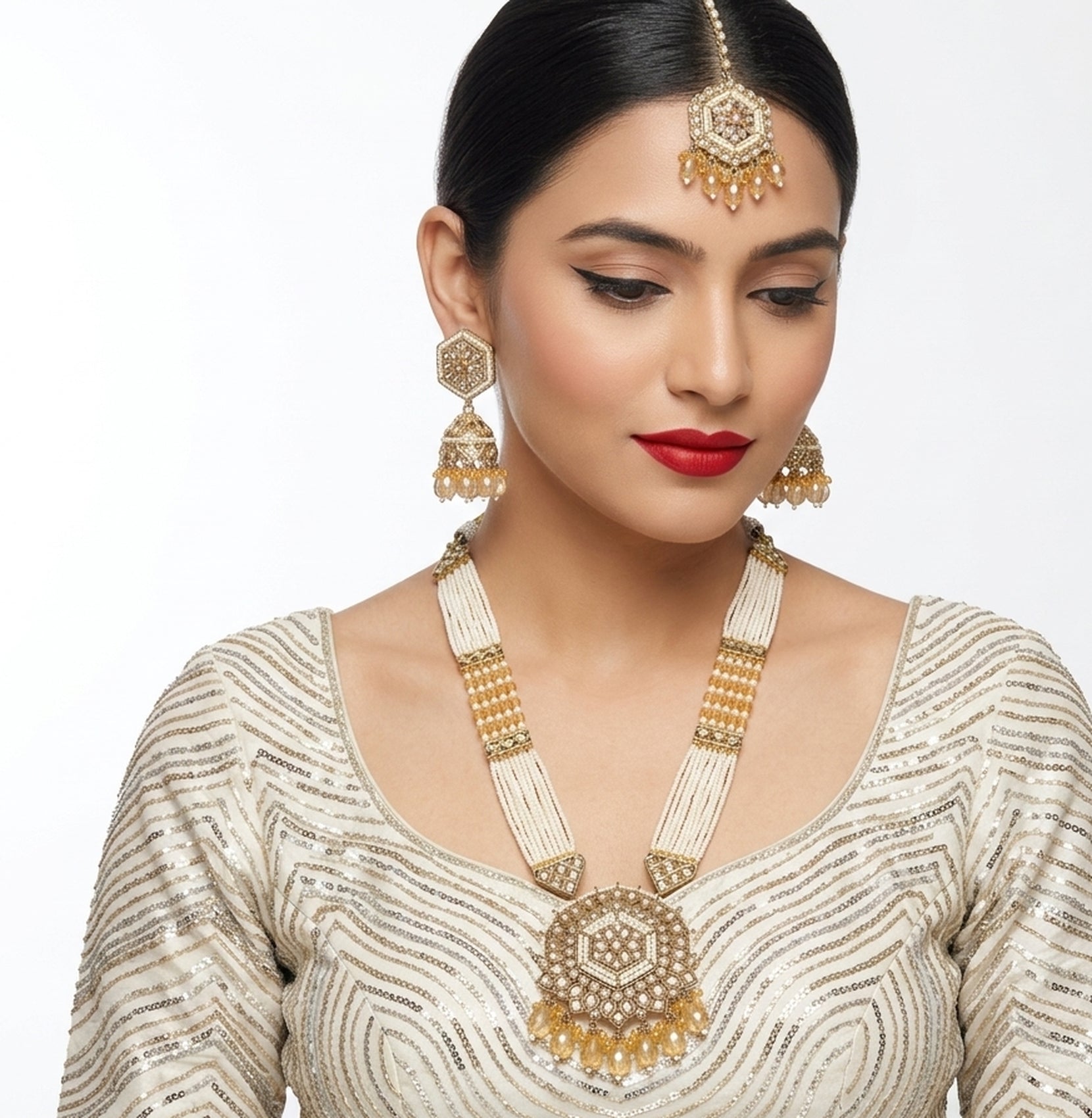 Jewel City Long Pearl Mala Golden Rainbow Diamond Studded Jumkee Tikka Necklace Set - Distacart