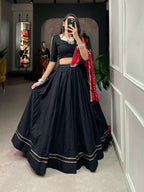 Vastranavya Navaratri Special Pure Cotton Plain With Gotta Patti Touch Up Lehenga Stitched Choli - Black