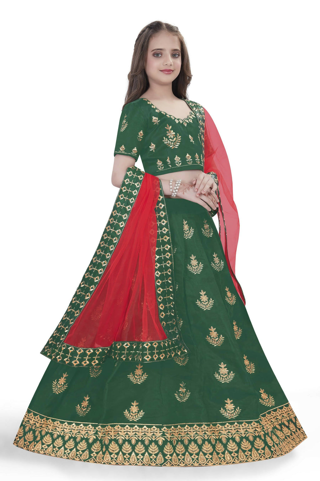 Dwiden Green Kamal Tafetta Sattin Semi-Stitched Girl's Lehenga Choli