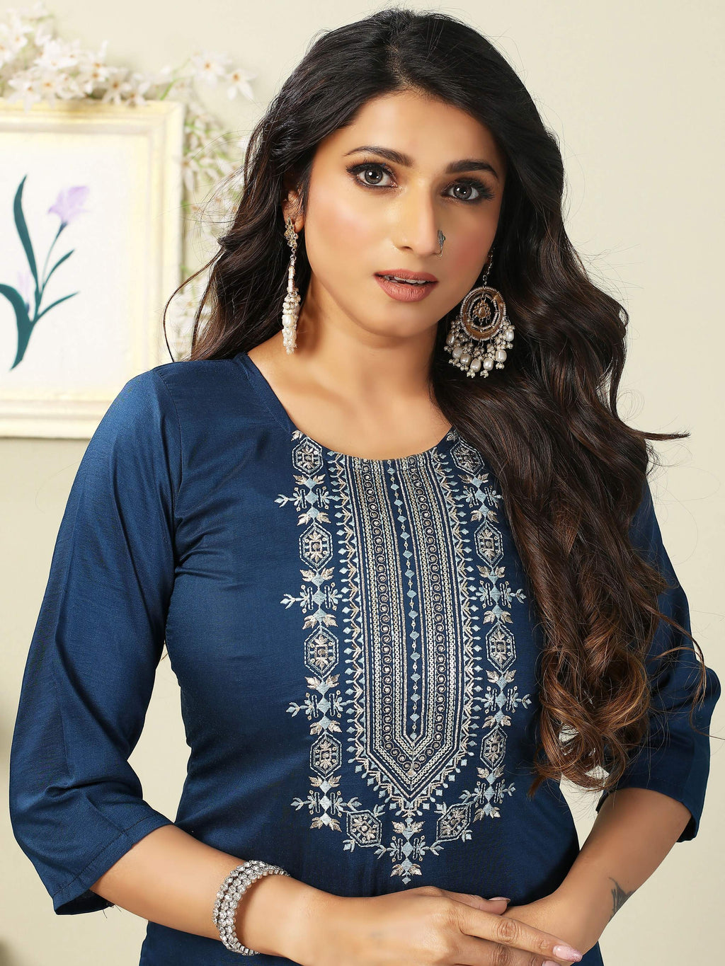 Vamika Chinon Embroidery Blue Party Wear/Casual Wear/Office Wear Kurta Set/Suit