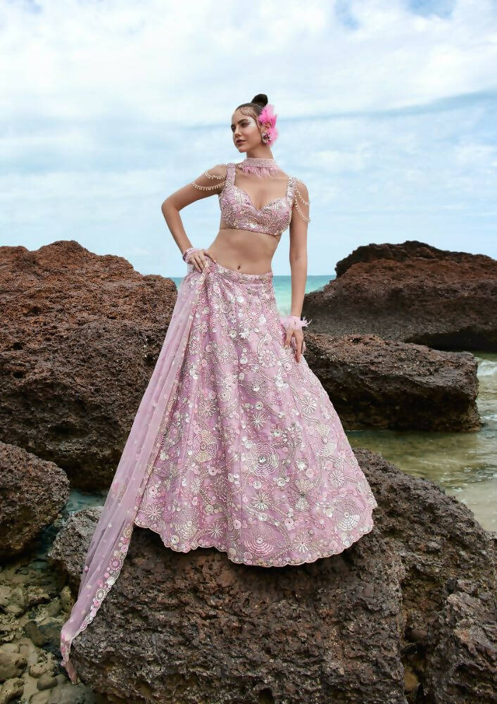 House of Panchhi Mauve Organza Sequins, Zarkan And Thread Embroidery Lehenga Choli & Dupatta