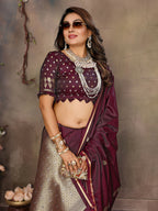 Joban Fashion Maroon Floral & Botanical Motifs Satin Silk Banarasi Silk Saree - Distacart