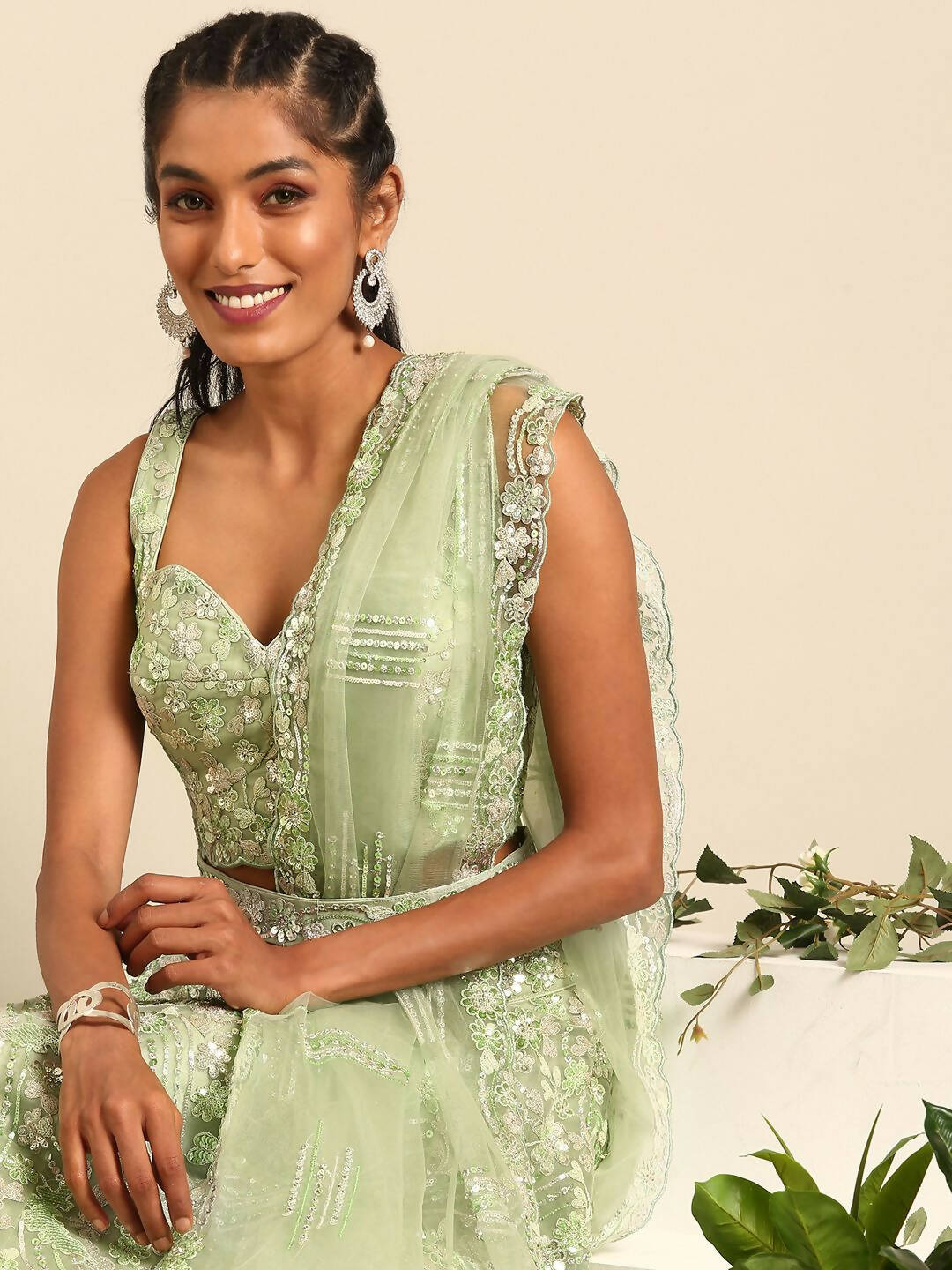 House of Panchhi Lime Green Net Sequins and Zarkan embroidery Lehenga choli & Dupatta
