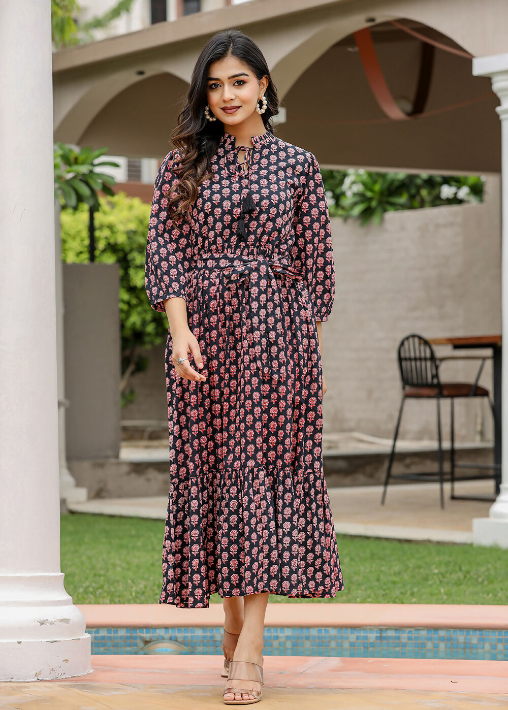 Kaajh Women's Black Bagru Print Floral Cotton Dress - Distacart