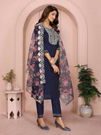 Joban Fashion Women Navy Blue Roman Embroidery Stitched Kurta Set - Distacart
