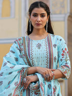 Juniper Women's Skyblue Cambric Floral Placement Printed Straight Fit Kurta Sets - Distacart