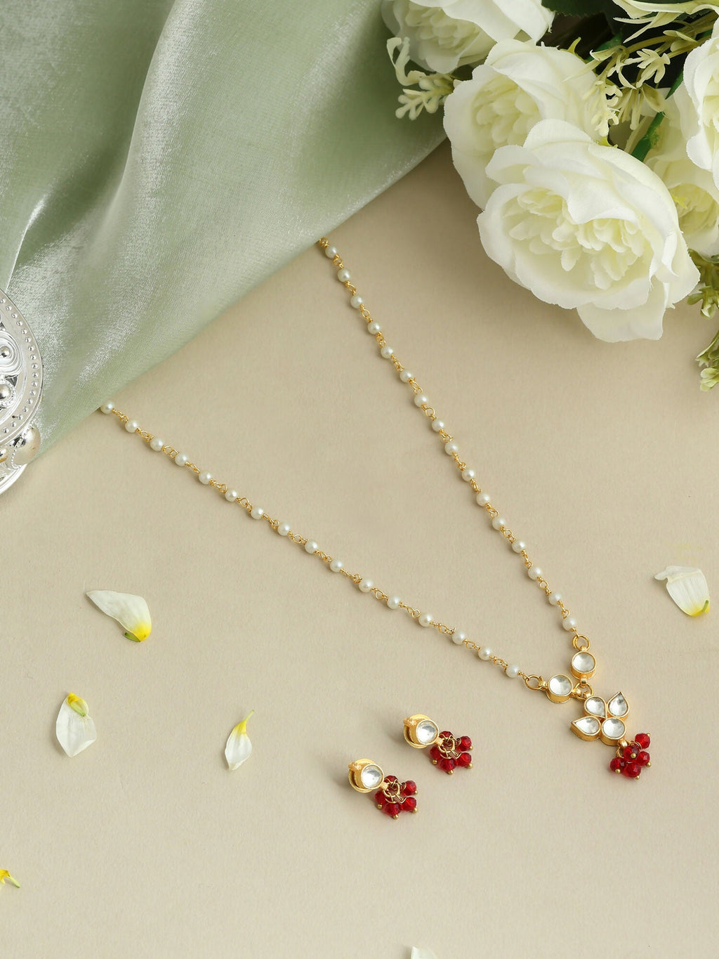 Ruby Raang Kundan Studded And Pearl Beaded Jewellery Set - Distacart