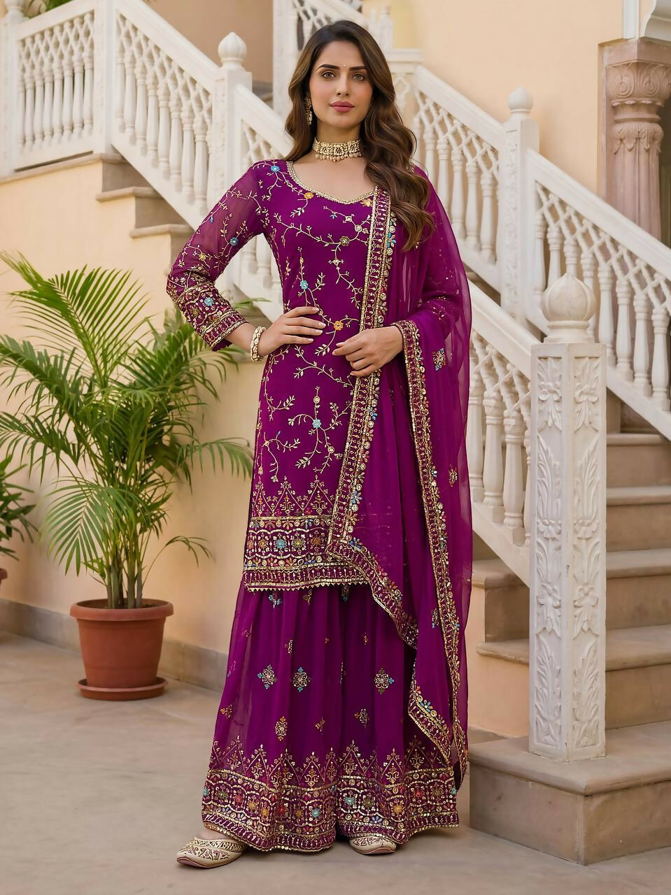 Teeya Creation Wine Faux Georgette Multi Thread Work Wedding Wear Sharara Set