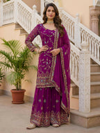 Teeya Creation Wine Faux Georgette Multi Thread Work Wedding Wear Sharara Set