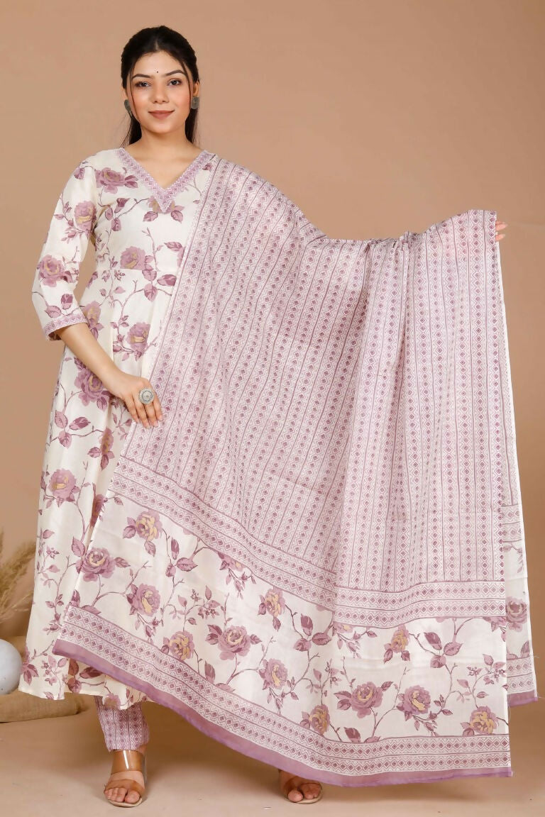 Miravan Women's Pink Floral Print Anarkali Kurta With Palazzo & Dupatta Set
