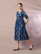 Myshka Women's Blue Printed Cotton V-Neck Empire Party Dress - Distacart
