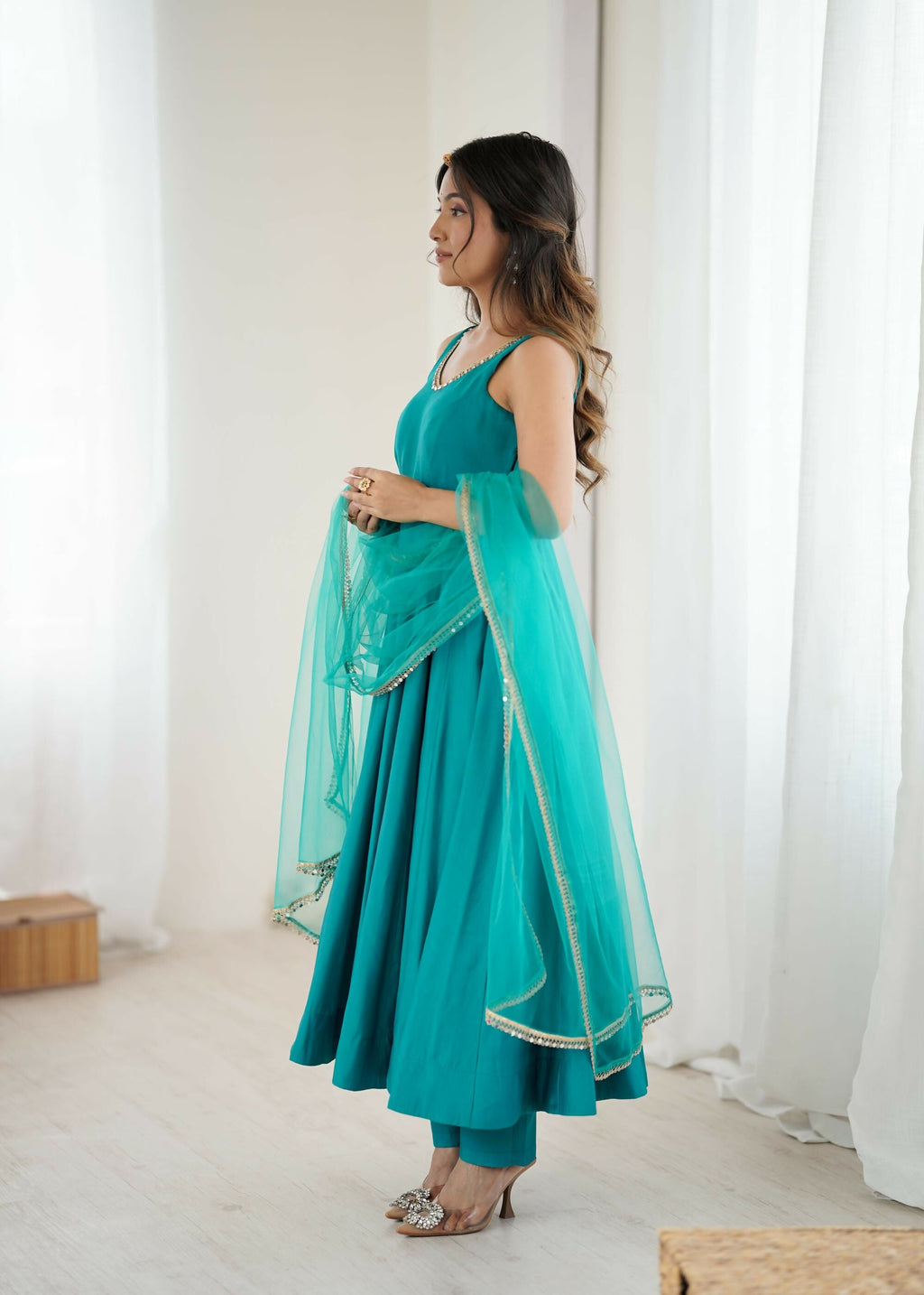 The52 Women's Beautiful Roman Silk Chanderi Fabric Flared Anarkali Pant and Dupatta Set - Distacart