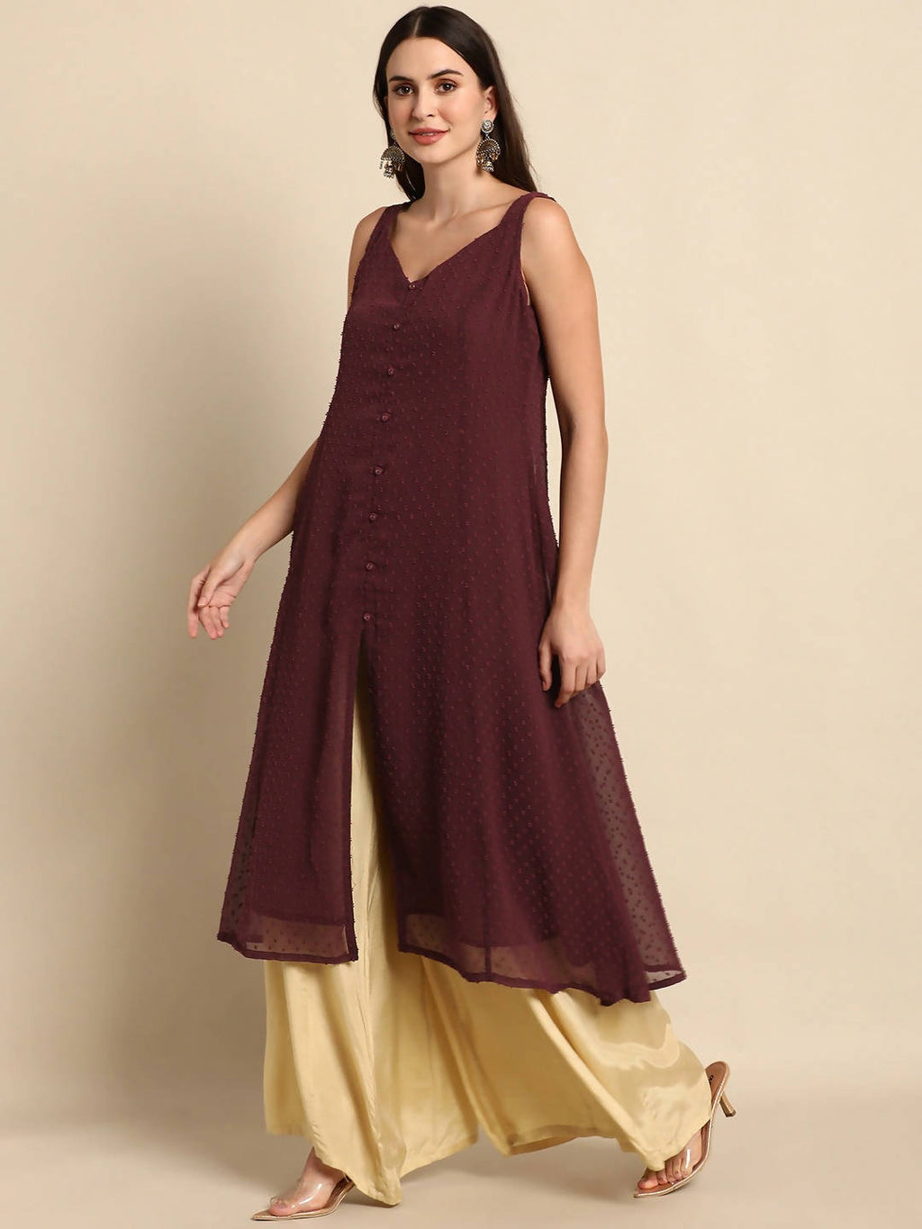 Janasya Maroon Poly Chiffon Dobby Weave Kurta - Distacart