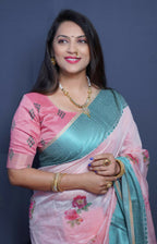 Jyoti Fashion Women's Teal Linen Silk Digital Print with Jacquard Woven Border Saree with Blouse