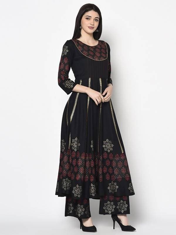 Aniyah Rayon Black Color Block Print Anarkali Palazzo Set (AN-186K)