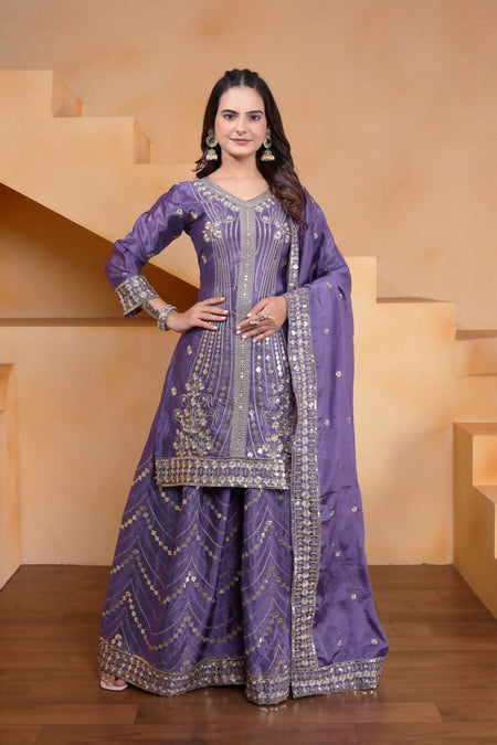 Teeya Creation Lavender Color Chinon Silk Wedding Wear Trending Palazzo Set