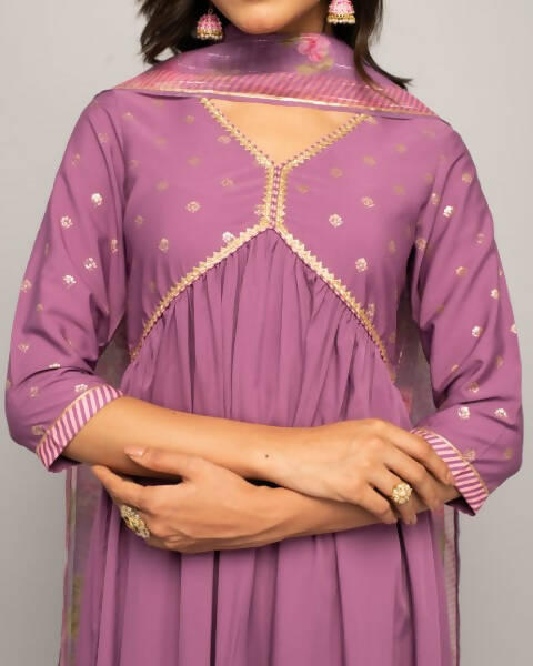 FIORRA Women's Lavender Creap A-Line Kurta Pant With Dupatta