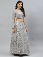 Grey Georgette Paper Mirror Embroidery Work Lehenga Choli with Dupatta - Jivika