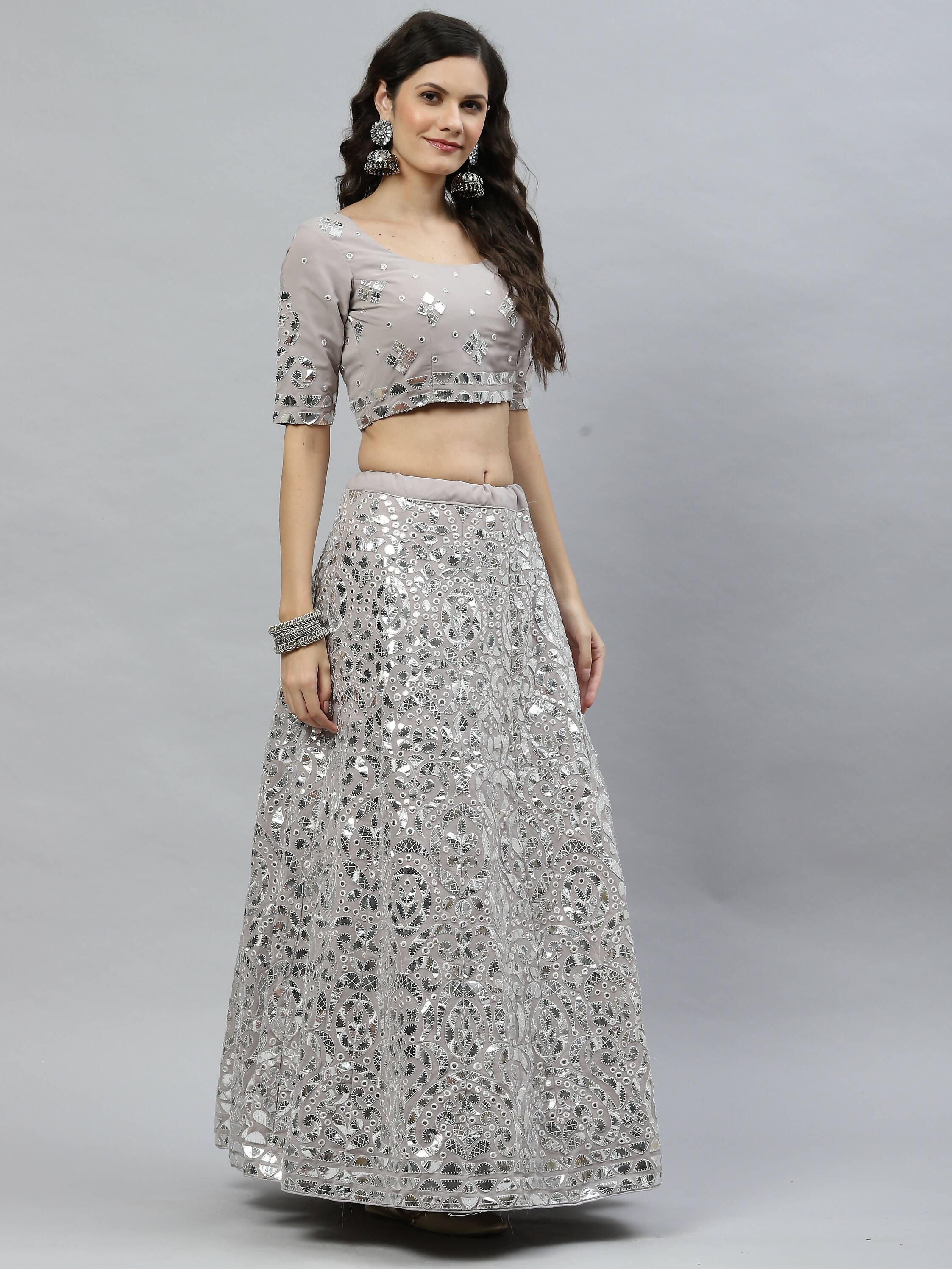 Grey Georgette Paper Mirror Embroidery Work Lehenga Choli with Dupatta - Jivika