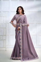 Lavender Crepe satin silk Cord & Sequence Embroidered with Stone work Saree - Mohmanthan Majestica - Distacart