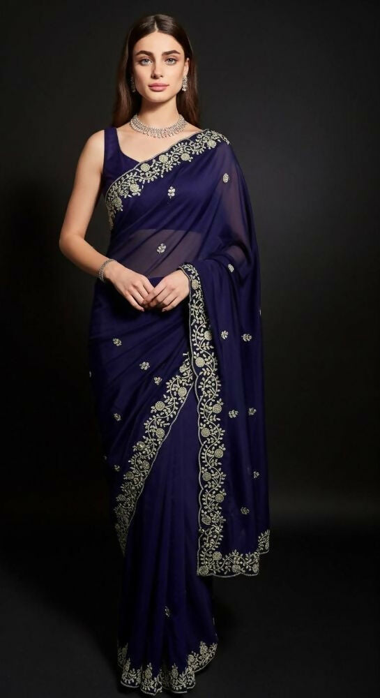 Joban Fashion Blue Fandy Satin Silk Party Wear Sarees - Distacart