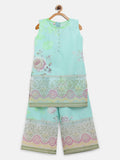 Ahalyaa Aqua Blue Crepe Printed Kids Kurta Palazzo Sets For Girls