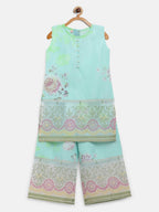 Ahalyaa Aqua Blue Crepe Printed Kids Kurta Palazzo Sets For Girls
