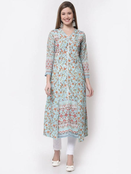 Myshka Blue Color Pure Cotton Printed Kurta
