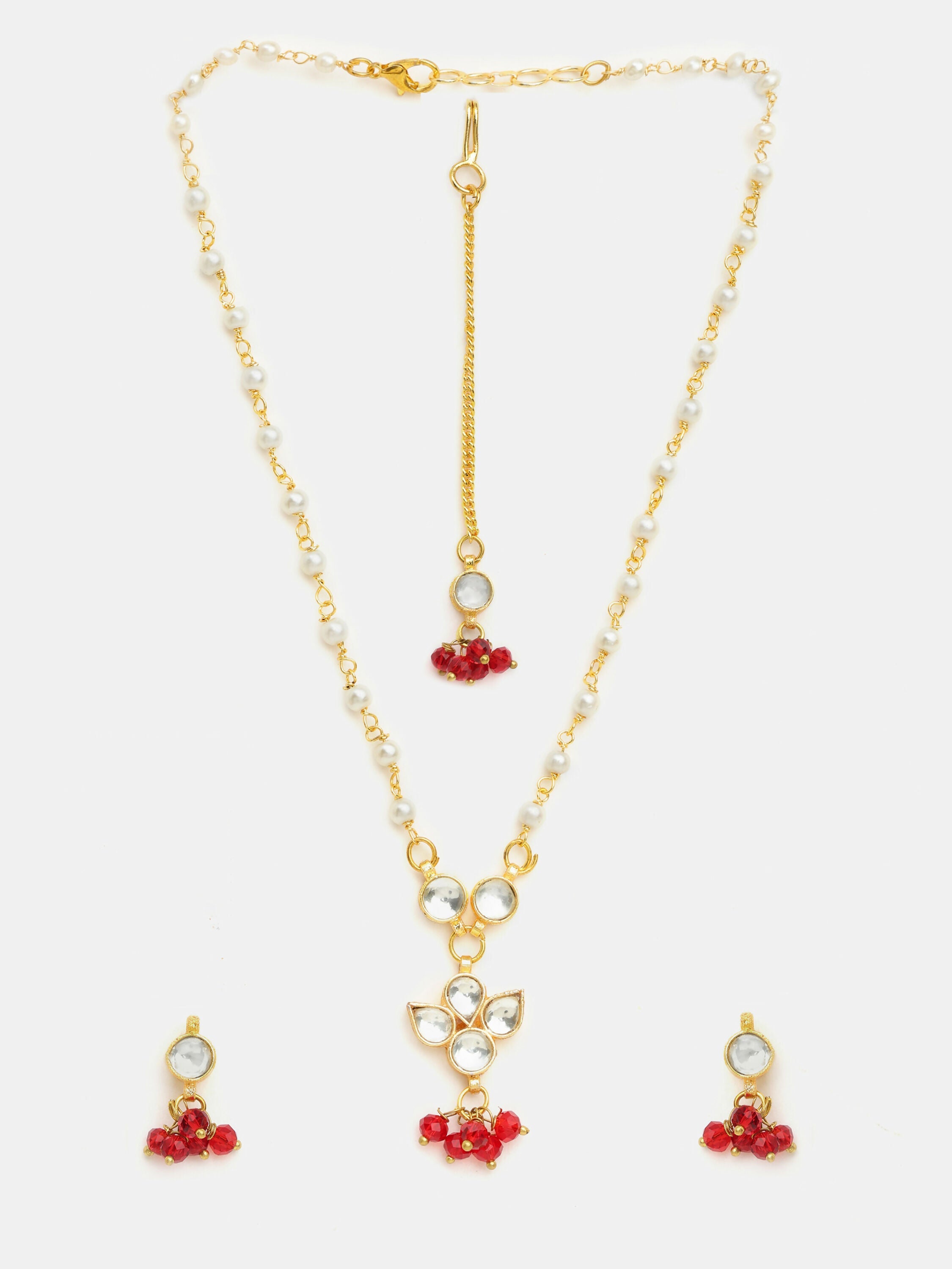 Ruby Raang Maang Tikka With Necklace And Earrings Set - Distacart