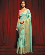 Sea Green Silk Striped Pattern Saree With Unstitched Blouse Piece - Zyanya