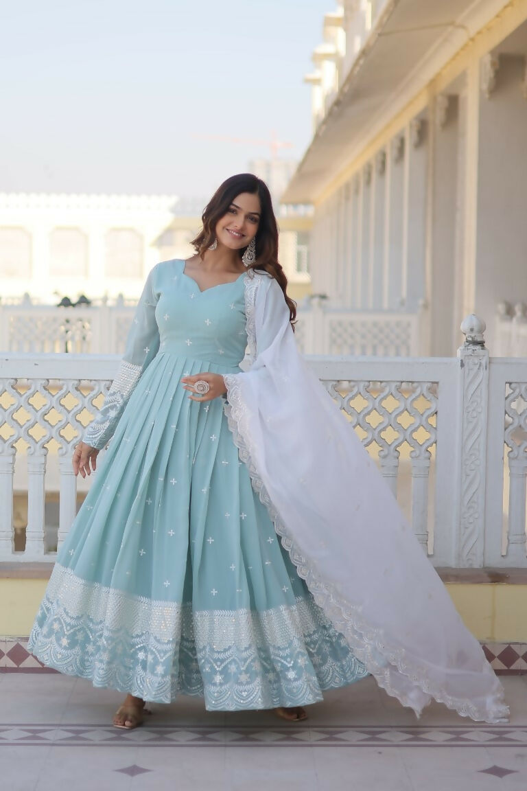 Jyoti Fashion Women's Turquoise Faux Georgette Sequins Thread Embroidery Anarkali Dress with Dupatta
