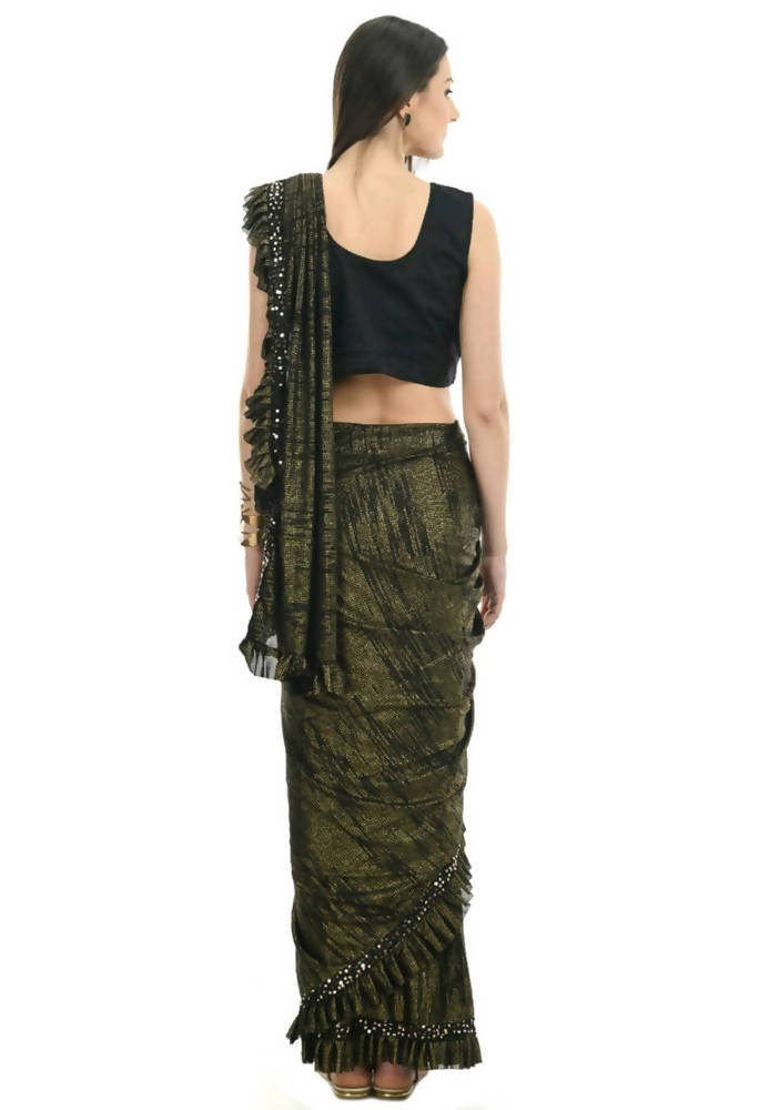 Mominos Fashion All Season Wear Olive Green And Black Ruffled Ready To Wear Saree - Distacart