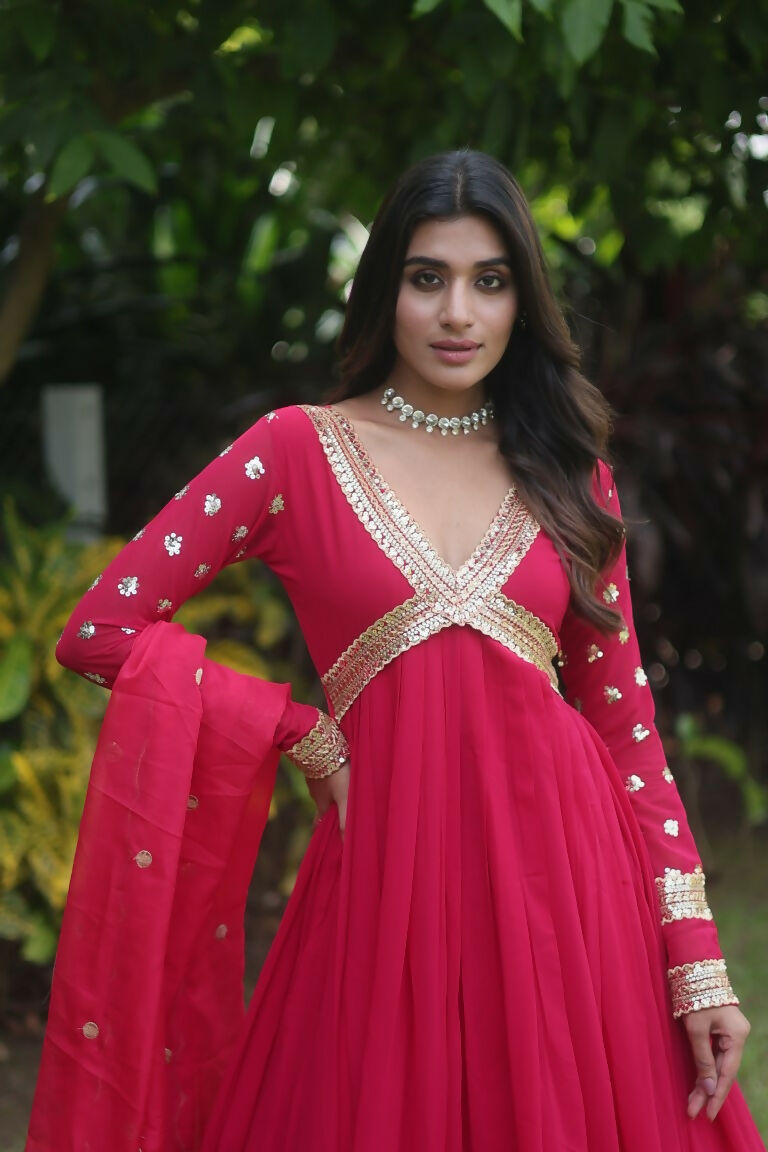 Jyoti Fashion Women's Rani Pink Faux Blooming Sequins Zari Embroidered Anarkali Dress with Dupatta