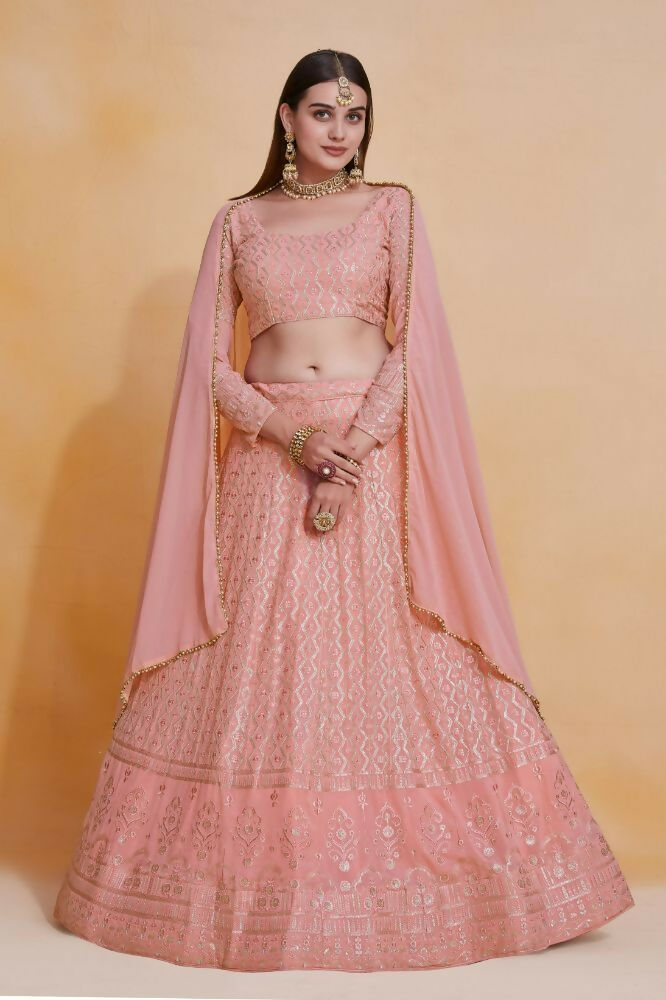 Pink Georgette Thread Sequence Embroidery Work Lehenga Choli - Jihu Culture