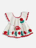 Chutput Kids Woollen Hand Knitted Full Sleeves Rosette Work Dress For Baby Girls - White