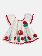 Chutput Kids Woollen Hand Knitted Full Sleeves Rosette Work Dress For Baby Girls - White