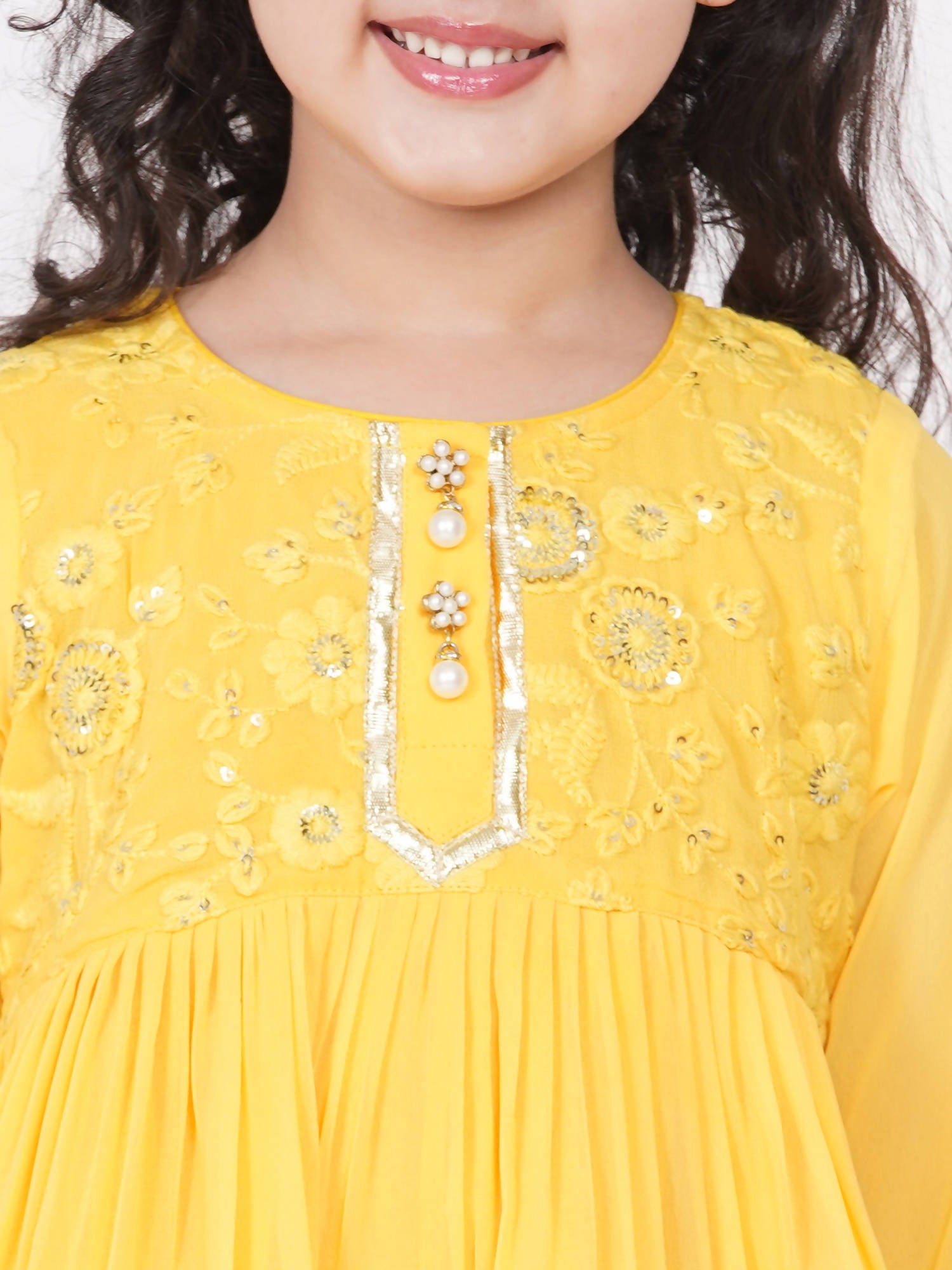 Little Bansi Girls Cotton Gotta Patti Kurta frock with Sharara & Dupatta - Yellow