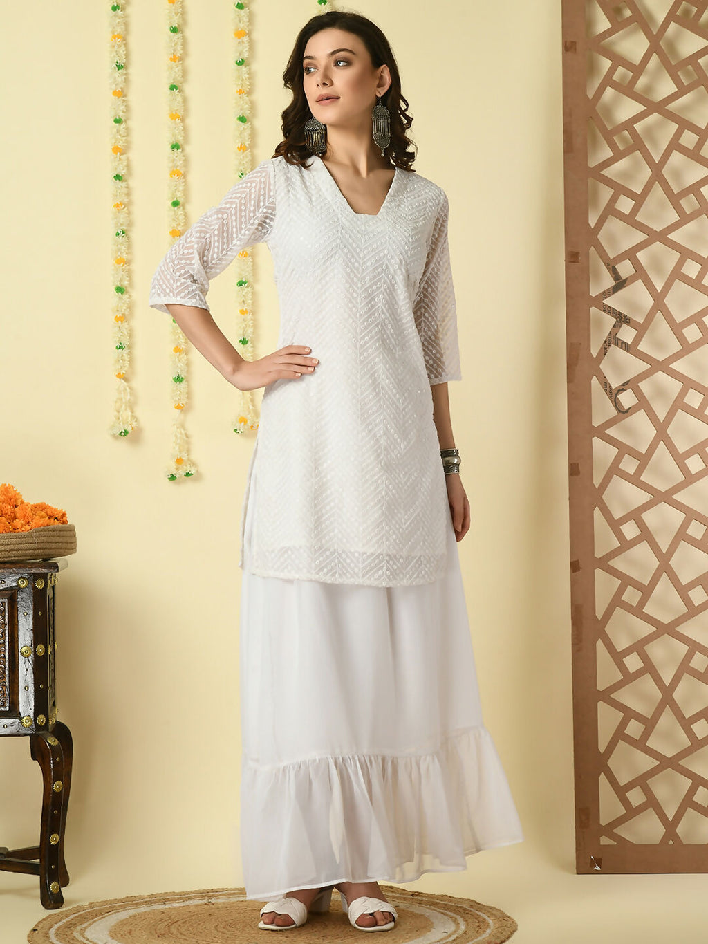 Myshka Women's White Georgette Kurti & Skirt With Dupatta Party Sets