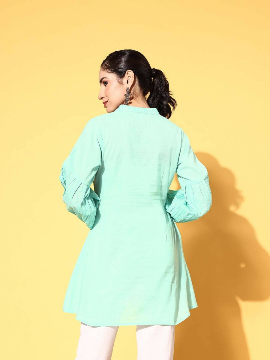 Ahalyaa Women Mint Green Pure Cotton Silver Print Tunic - Distacart