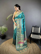 Joban Fashion Turquoise Blue Geometric Pattern Soft Silk Patola Saree - Distacart
