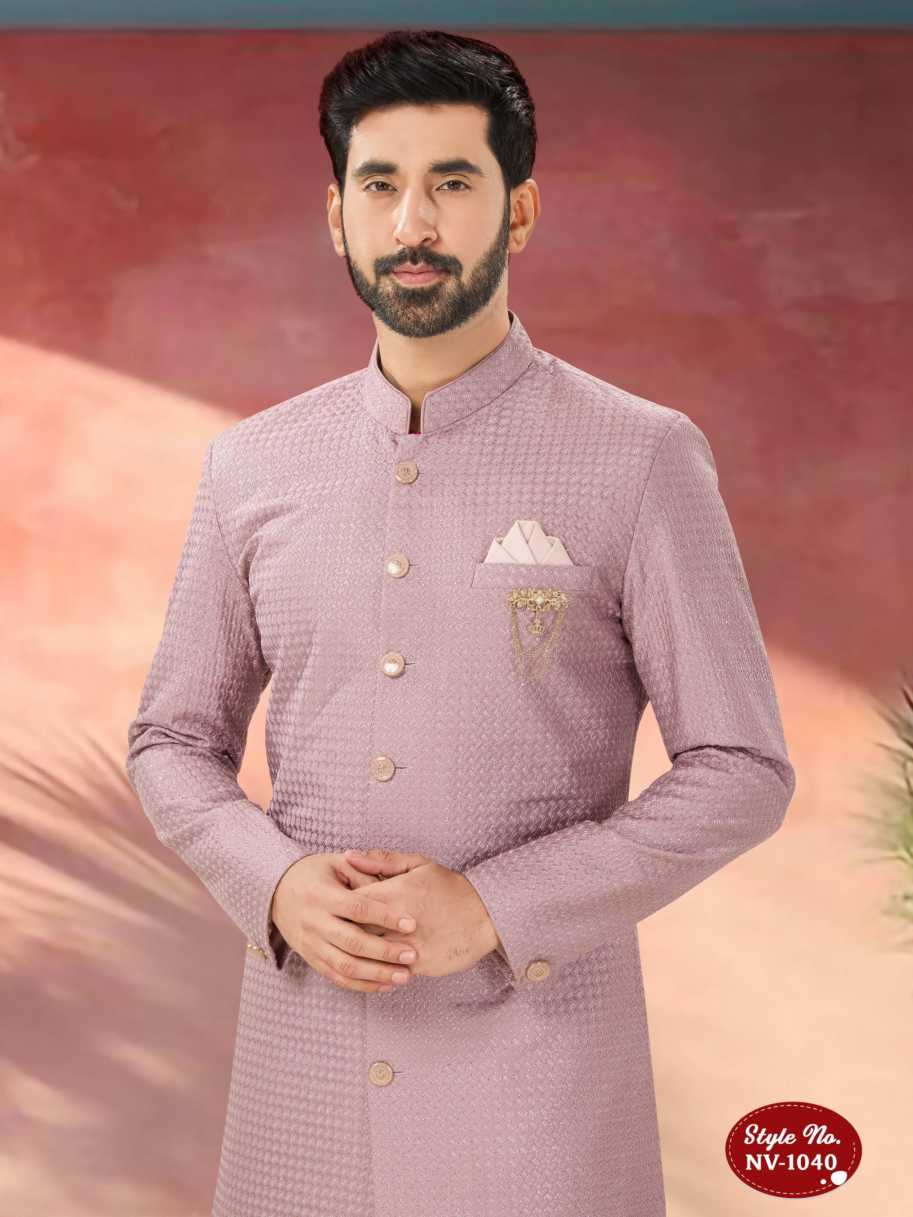 Joban Fashion Men's Pink Straight Silk Thread And Sequence Embroidary All Over Indo-Western Kurta Set