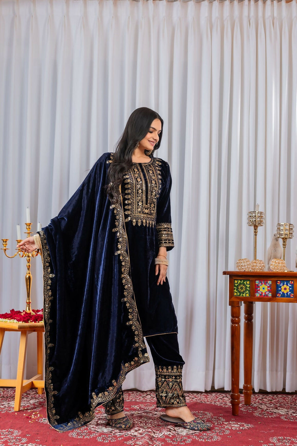 Joban Fashion Navy Blue Velvet Sequence Embroidery Work Kurta Set - Distacart