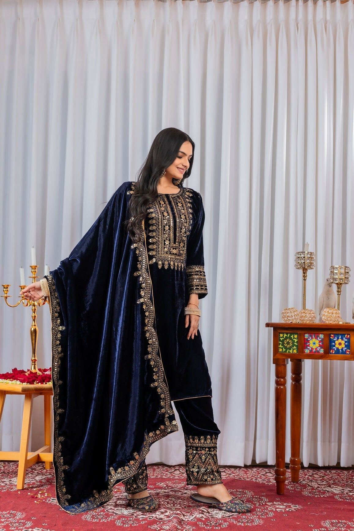 Joban Fashion Navy Blue Velvet Sequence Embroidery Work Kurta Set - Distacart
